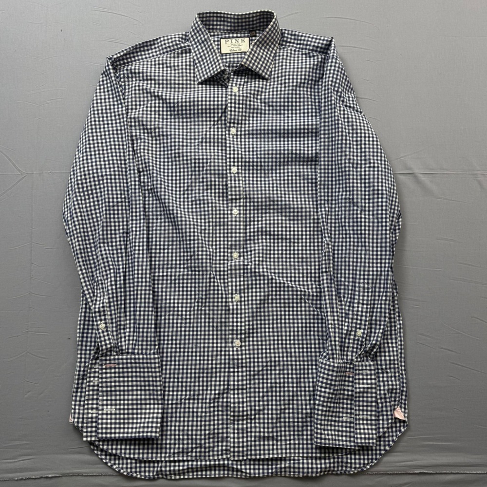 Thomas Pink Mens 17.5 37 Blue Gingham Slim Fit French Cuff Long Sleeve